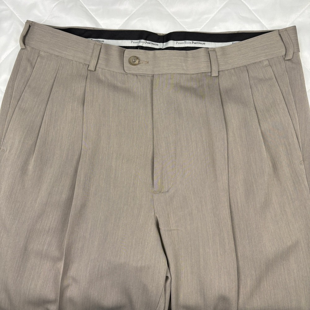 Perry Ellis Portfolio Mens 36x32 Taupe Brown Pleated Cuffed Dress Pants - Picture 5 of 12
